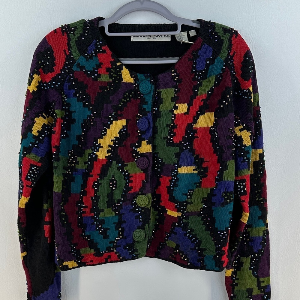 Vintage Michael Simon Colorful Beaded Long Sleeve Cardigan